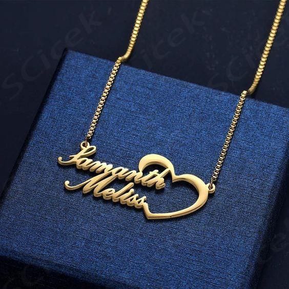 Personalized Double Name & Heart Script Necklace